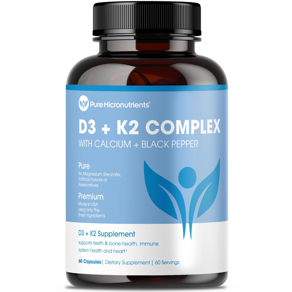 Pure Micronutrients Vitamin D3 K2 Supplement | MK7 100mcg, D3 5000 iu, Calcium + BioPerine | Muscle & Bone Health, Heart, Immunity & Energy Support | Vegan | 60 Capsules