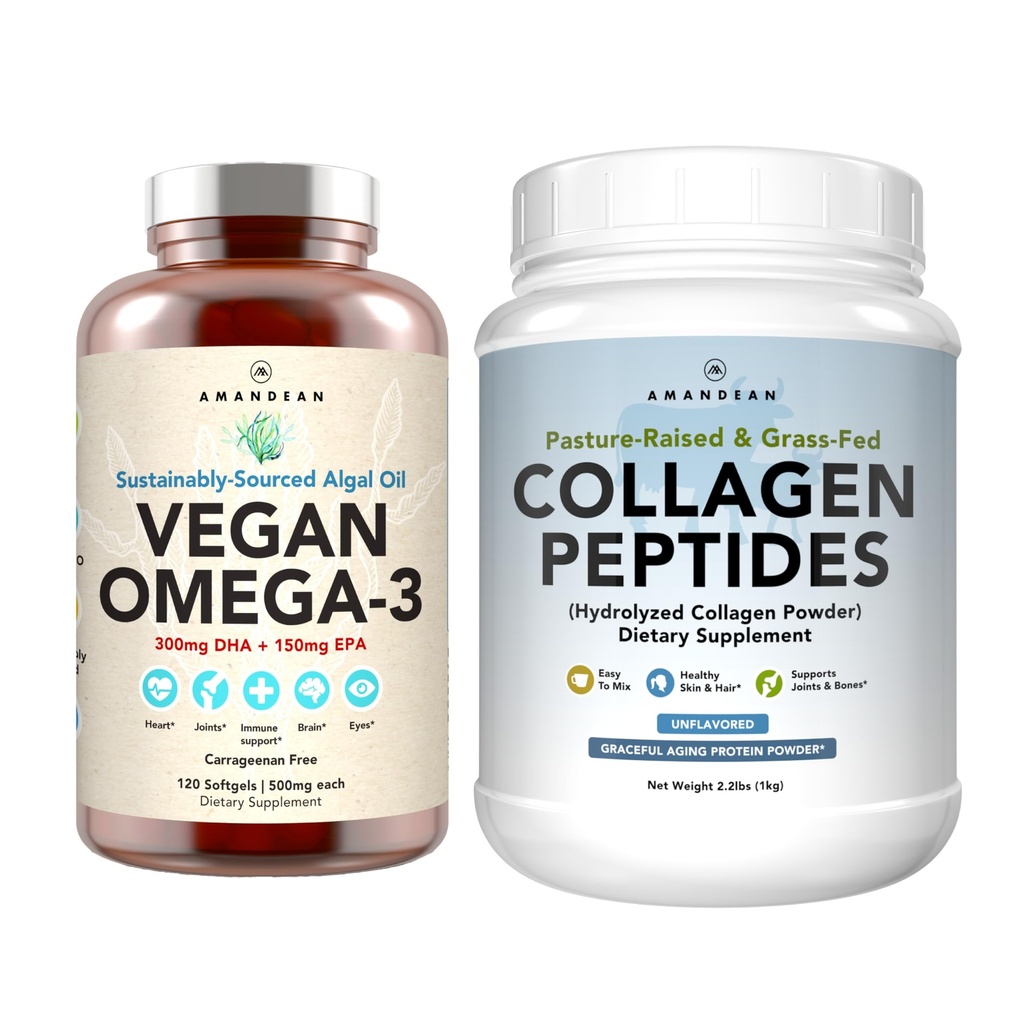 Healthy Skin & Joints Bundle - Premium Vegan Omega-3 (120 Capsules) from Marine Algae + Grass-Fed Collagen Peptides Powder (1kg - 100 Servings) Non-GMO. Radiant Skin, Joints, Bones & Graceful Aging