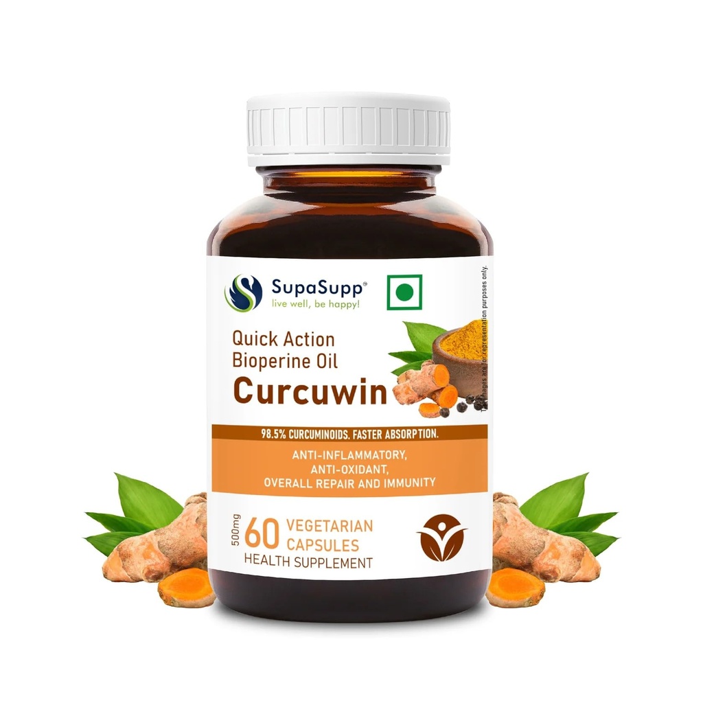 SupaSupp Quick Action Bioperine Oil Curcuwin | Anti-Inflammatory, Anti-Oxidant, Overall Repair And Immunity | Health Supplement | 60 Veg Cap, 500mg