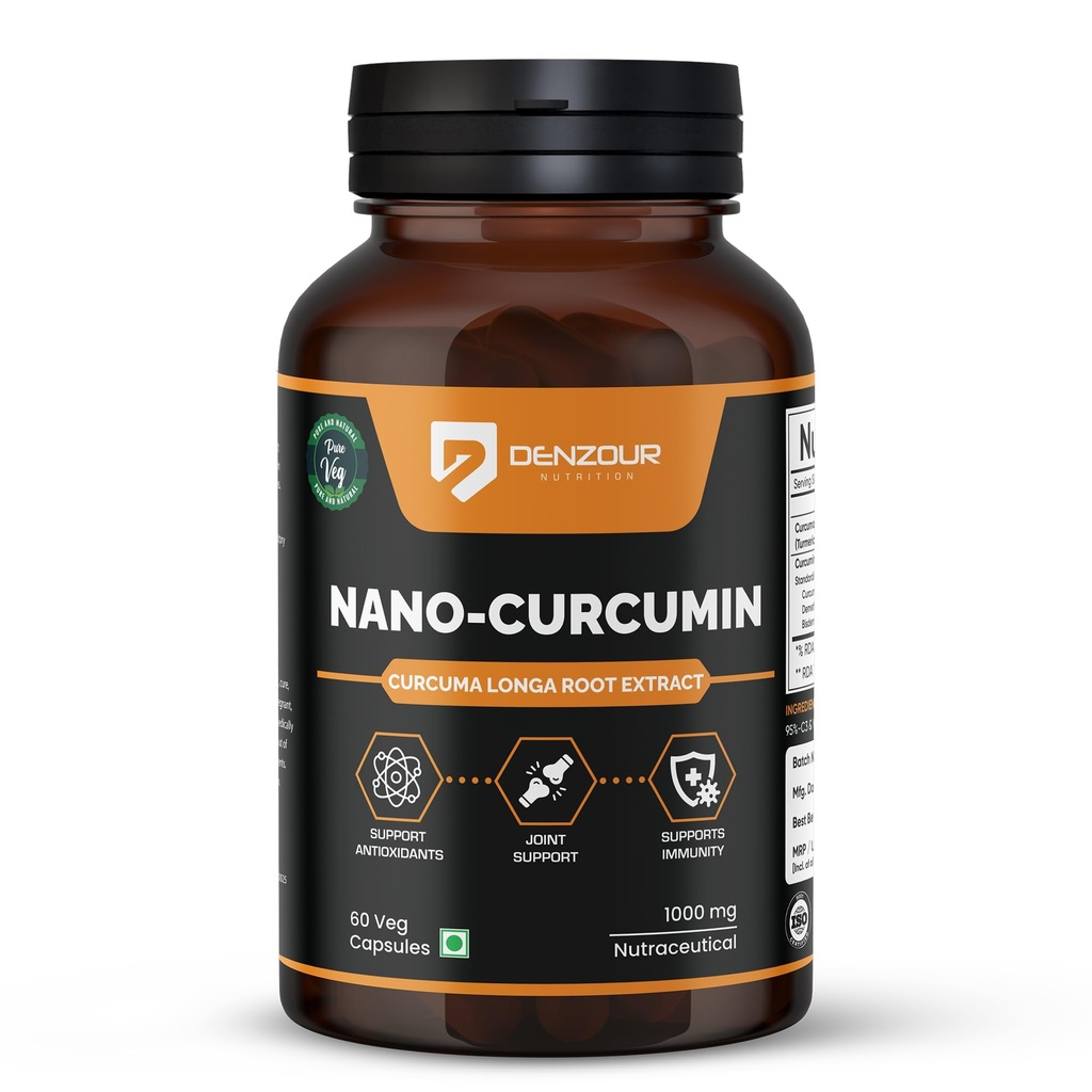 Denzour Nutrition Nano Curcumin 1000mg with Curcuma Longa Extract | Supports Joint Health, Immunity & Antioxidant Protection | Enhanced Absorption | 60 Veg Capsules | Made in India