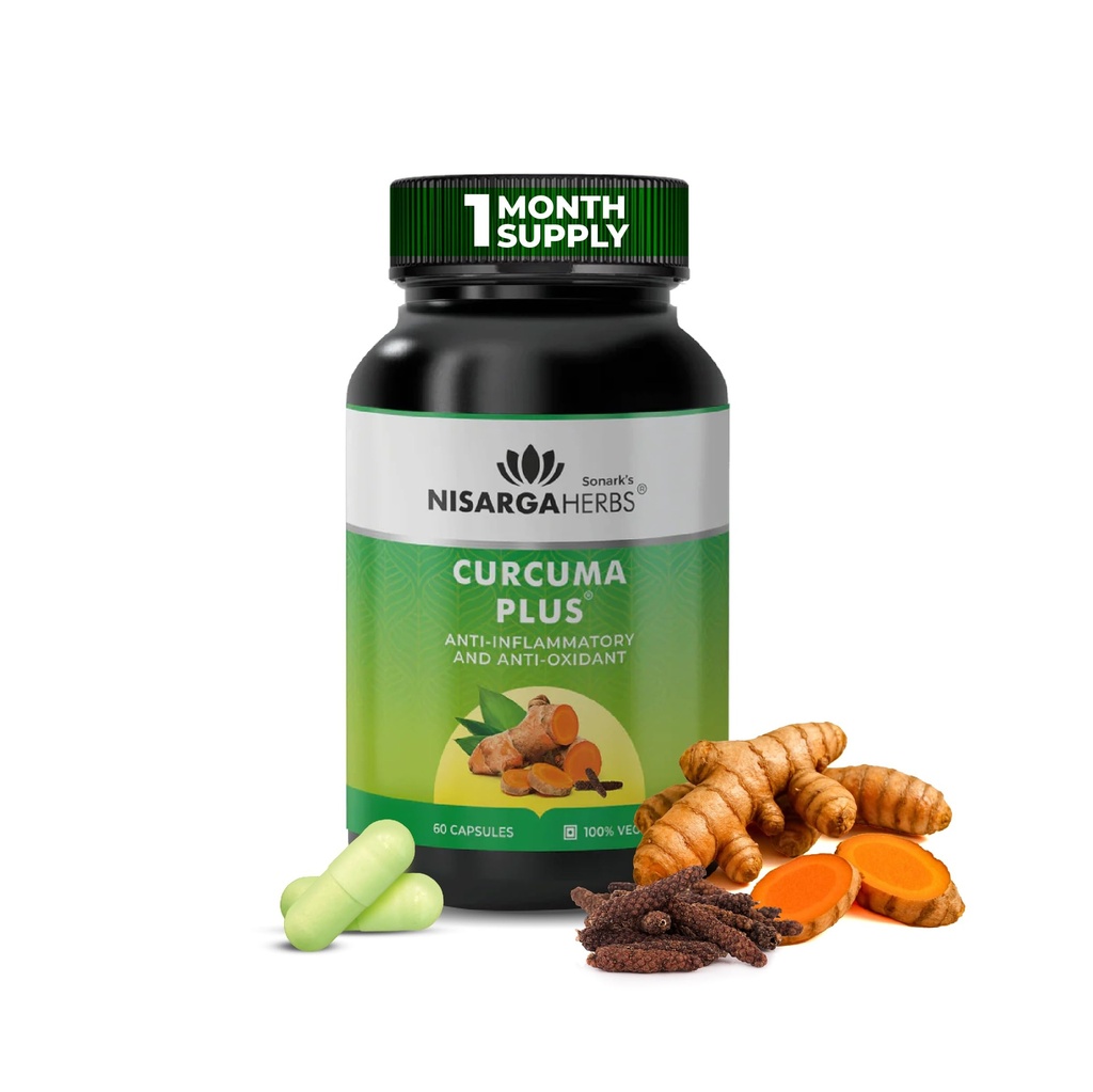 SONARK'S NISARGA HERBS Curcuma Plus (Curcumin with Long Pepper) - US Patented High Absorption Turmeric Supplement for Joint Pain Relief, Heart Health & Restful Sleep - 100% Vegan, 60 Veg Capsules (30-Day Supply)