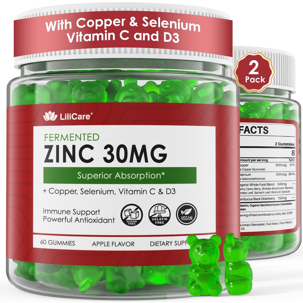 Fermented Zinc Gummies 30mg, Copper, Selenium, Vitamin C, D3, Superior Absorption Zinc Supplements for Women & Men, Immune, Powerful Antioxidant, Zinc Picolinate Alternaitive, Vegan, No Sugar, 2 Pack