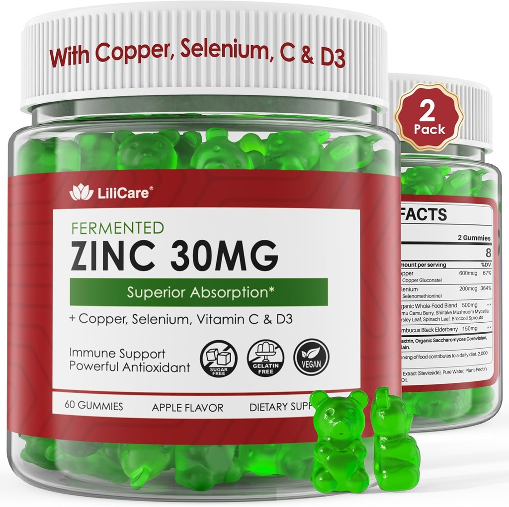 Zinc Gummies + Rame, Selenio, Vitamina C & D3, Integratori di zinco fermentati per le donne e gli uomini con il mirtillo per il supporto immunitario giornaliero, Antiossidante potente, ad alto assorbimento, Vegan, Sugar Free, 2 Pack