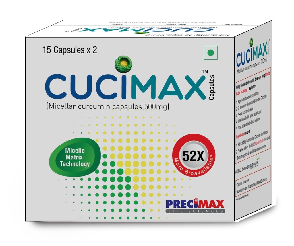 CUCIMAX Micellar Curcumin Capsules 500 mg | 52X More Bioavailable Nano Curcumin | Anti-Inflammatory & Antioxidant Supplement | Supports Joint, Brain & Immune Health | 30 Capsules (15x2)