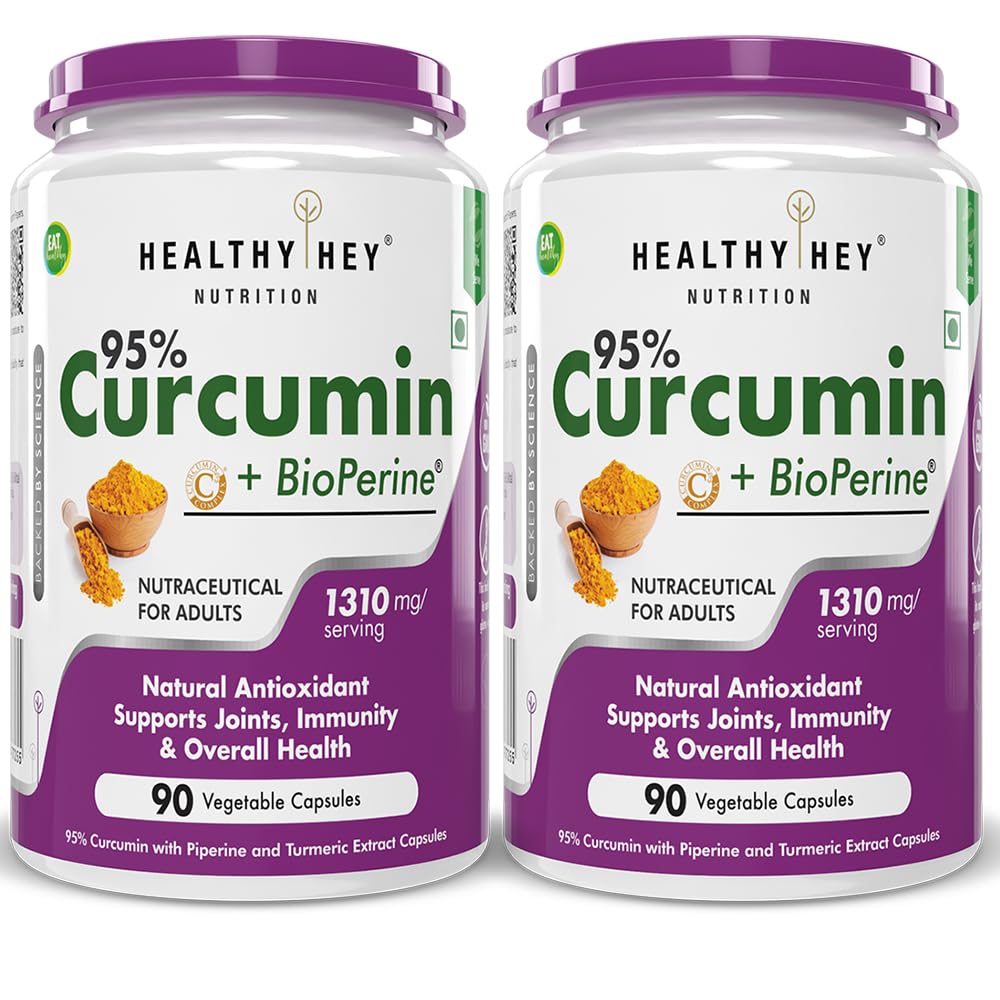 HealthyHey Nutrition Curcumin with Bioperine 1310mg (Ultra Pure) | Organic Turmeric, 90 Vegetable Capsules with Piperine Pack of 2