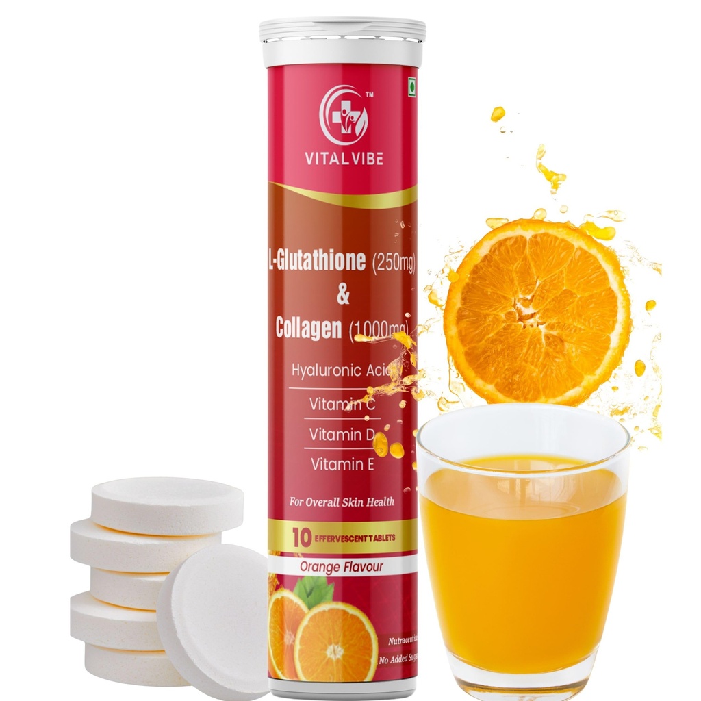 Glutathione Collagen 1000mg Effervescent Tablets – with Vitamin C, E & Hyaluronic Acid – Skin Brightening, Anti-Aging, Hydrating, 10 Tablets – Fast Absorption, Sugar-Free