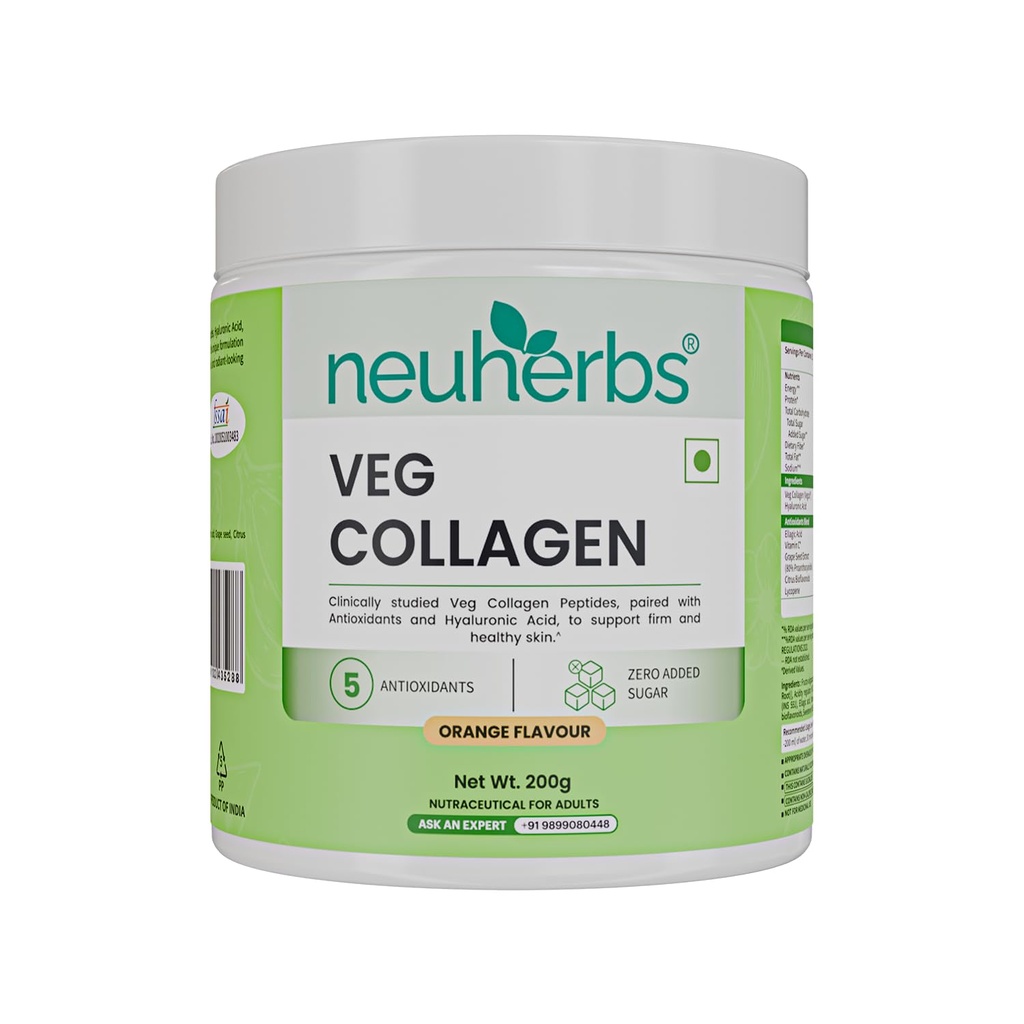 Neuherbs Collagen Supplement Powder | Veg Collagen Peptides for Men & Women | With Hyaluronic Acid & Vitamin C for Glowing & Youthful Skin | Zero Added Sugar | Orange Flavour, 200g