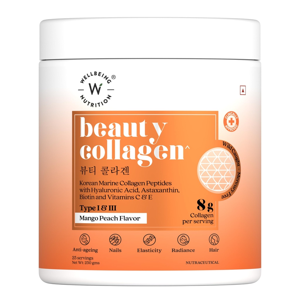 Wellbeing Nutrition Korean Beauty Marine Collagen Skin Radiance Peptides 8g | Biotin, Vitamin C, E, Hyaluronic, Astaxanthin | Clinically Proven Healthy Skin, Hair & Nails | Mango Peach powder, 250gms