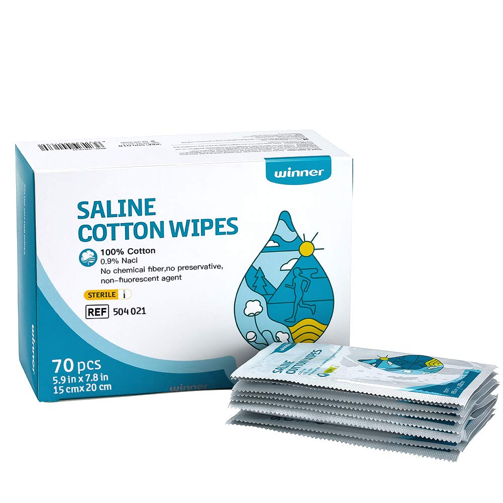 Gañador Sterile Saline Wipes, 6" x 8" Grandes Wipes de Coidados Persoais, Gentle Saline Pads para Piercings, Multi-Purpose para Ollos Sensibles e Cara, Individualmente pechado, 70 Conde