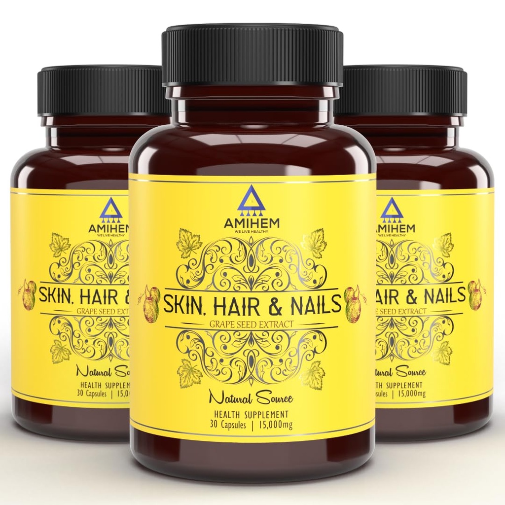 Grape Seed Extract Capsules (>99% Polyphenols) 1000mg per serving | Antioxidant-Rich Supplement for Radiant Skin, Healthy Hair & Strong Nails | Anti-Aging, Collagen Boost, Cellular Health | 30 Capsules Per Bottle | Pack of 3