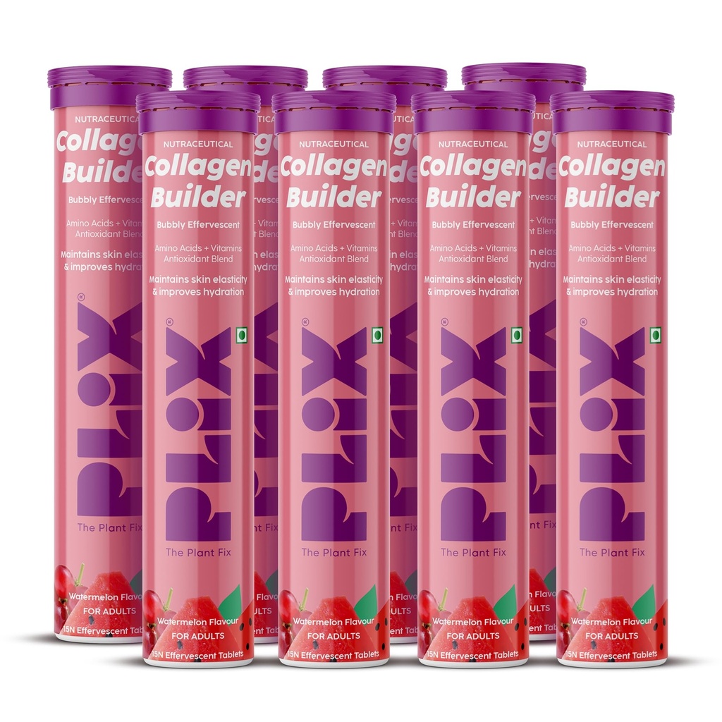 PLIX - THE PLANT FIX Collagen Builder Bubbly Effervescent - 15 Tablets (Pack of 8, Watermelon) for Hydrated Skin & Anti-Aging | Amino Acid Blend For Collagen Production | Vitamin C & E | 100% Vegan