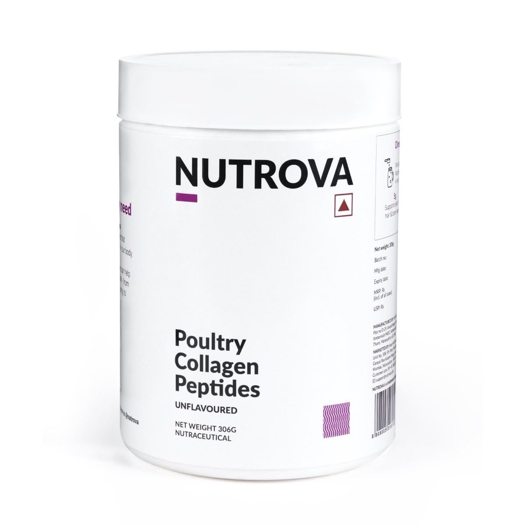 NUTROVA Poultry Collagen Peptides for Unisex,India's First Poultry Collagen Peptide,For Healthy Skin & Hair,Nails,Bones - Anti-Aging Supplement - Easy to Mix Powder(306 grams)
