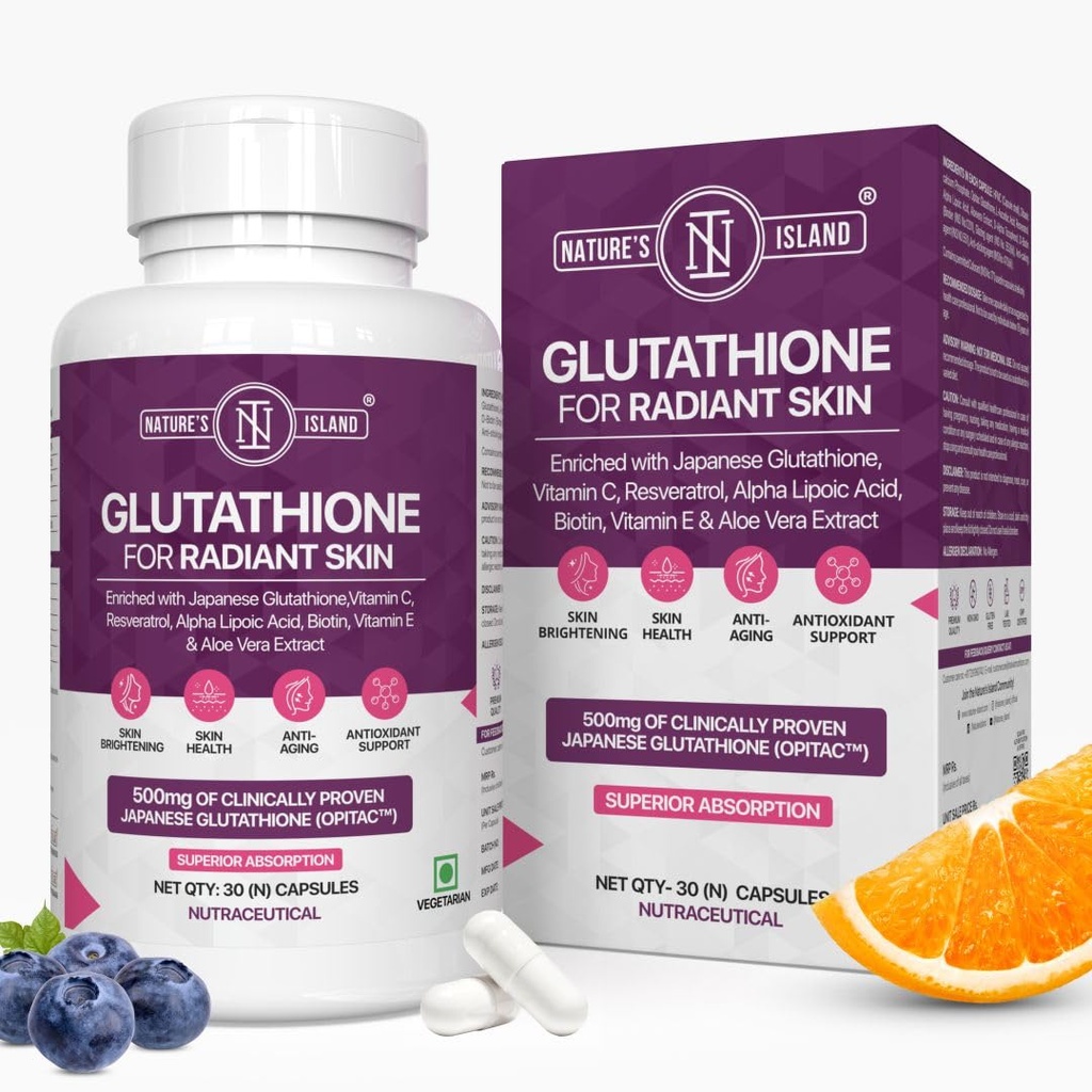 Nature's Island Japanese Glutathione 500mg with Vitamin C & E, Biotin, Resveratrol, Alpha Lipoic Acid, Aloe Vera, Antioxidants for Clear, Glowing Skin, 30 Veg Capsules