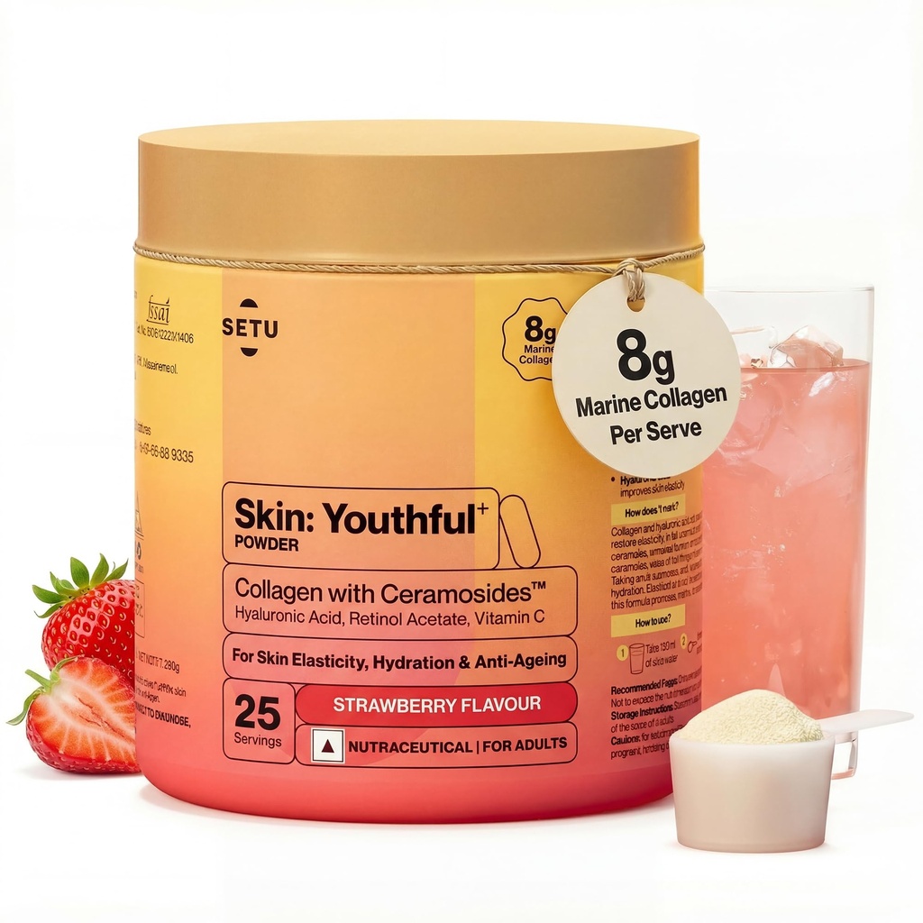 Setu Skin: Youthful | Upgraded 8g Marine Collagen + Ceramosides™ | 4X Faster Hydration | Reduces Fine Lines & Wrinkles | Monk Fruit Sweetened (250gm, Strawberry)