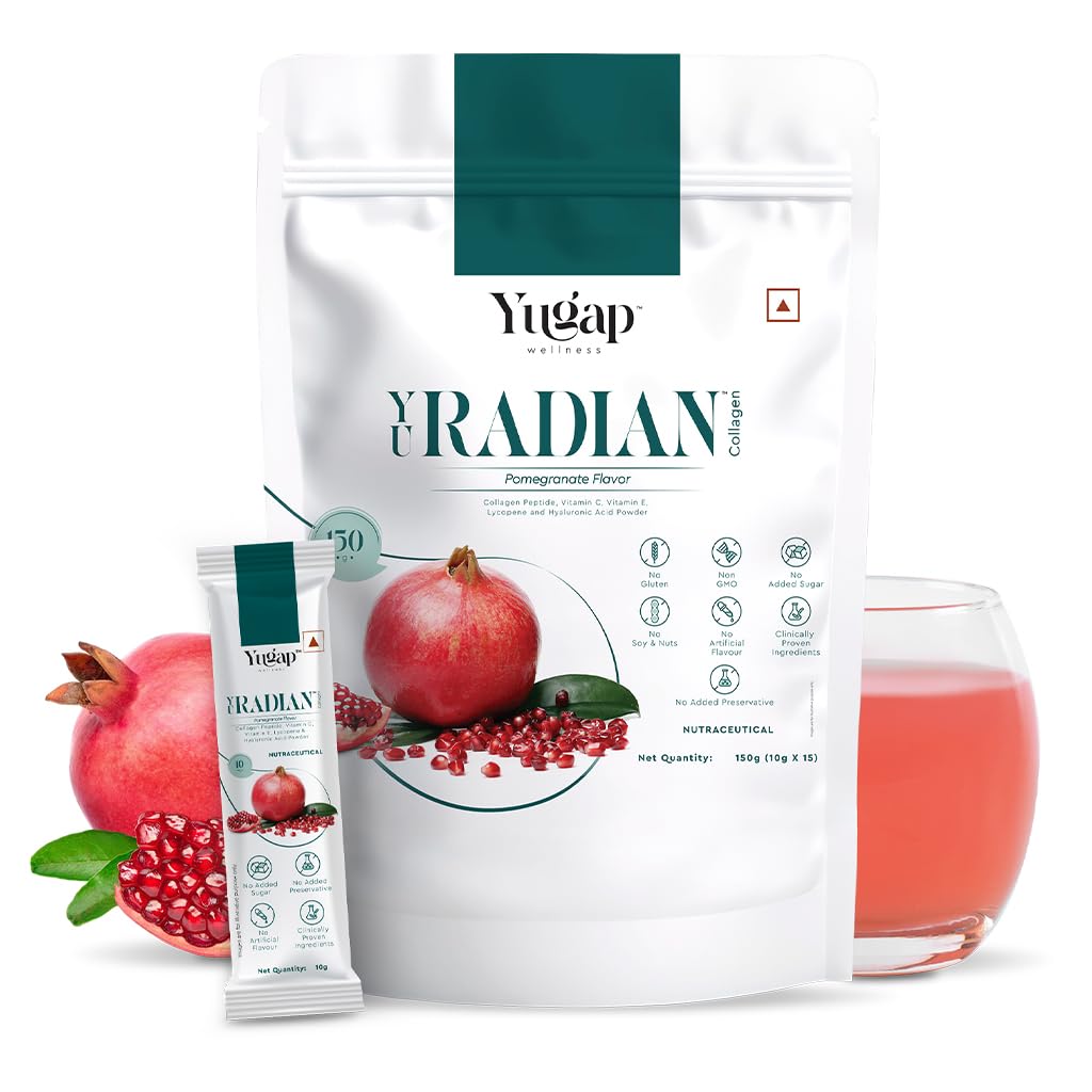 YuRadian 6-In-1 Marine Collagen Powder With Hyaluronic Acid, Vitamin C & E , Lycopene And Peptide | Skin Radiance Collagen Supplement for Women & Men | Youthful Skin Glow, Elasticity & Hydration | No Added Sugar | 15 Servings (150g)