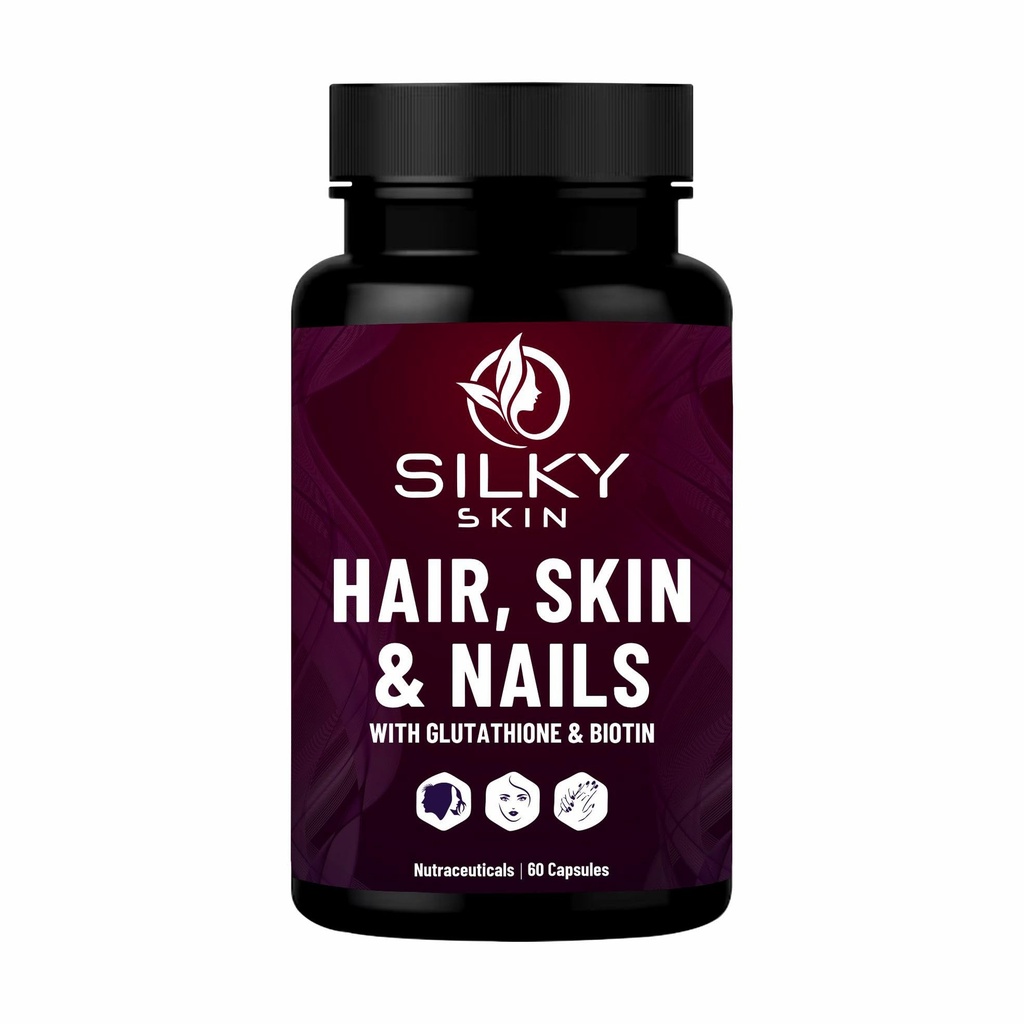 Silky Skin Hair, Skin & Nails with Glutathione & Biotin | Vitamins A, C, E, D3,K2, Zinc & Grape Seed Extract | 60 Caps | For Skin Radiance, Strong Nails & Healthy Hair