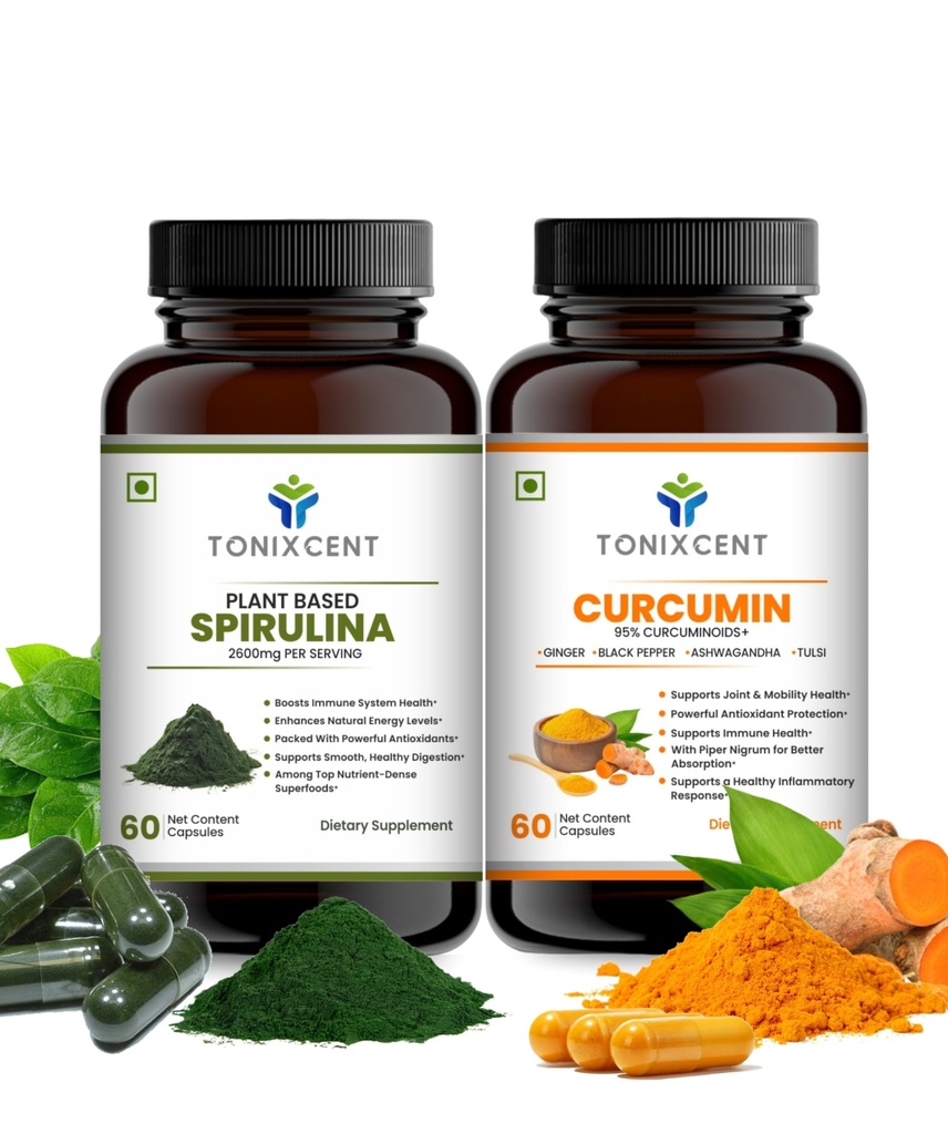 Skin Glow Stack | Spirulina & Curcumin Capsules | Boosts Immunity, Reduces Inflammation & Enhances Recovery | 60+60 Vegan Capsules
