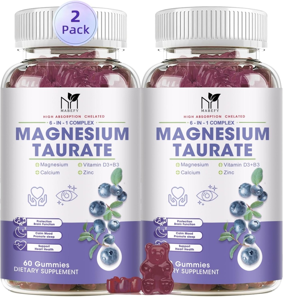 2 Упаковка Magnesium Supplement - Магний Taurate Magnesium Glycinate Gummies с Magnesium Aspartate, Malate, Chewable Magnesium Complex для сна, мышц и поддержки здоровья сердца