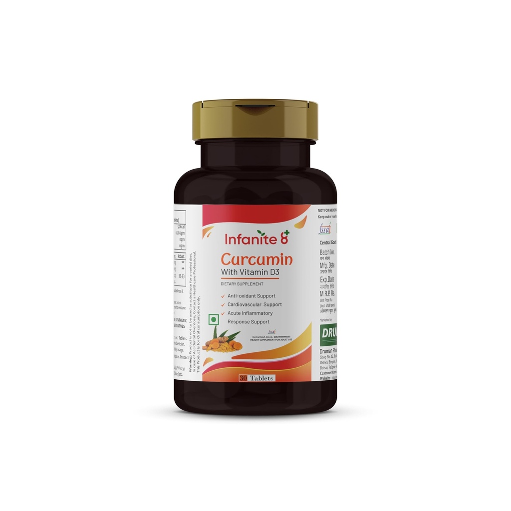 Infanite 8 Curcumin with Vitamin D3 & Grape Seed Extract | 500mg Turmeric Extract with 95% Curcuminoids & Bioperine | Joint, Immunity & Antioxidant Support | 30 Tablets