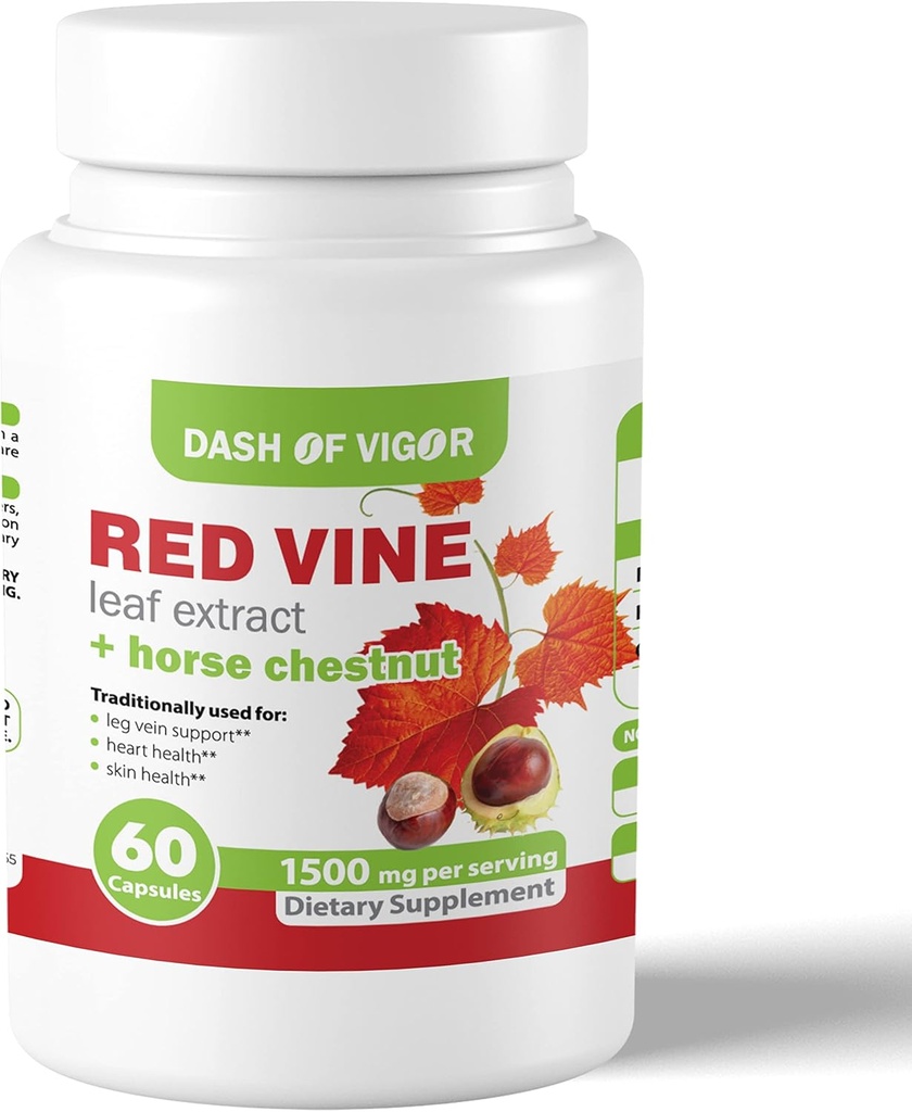 Dash of Vigor Red Vine Leaf Extract (Vitis Vinifera) and Horse Chestnut Extract, Red Vine Extract for Healthy Skin, Leg Veins, Circulation, and Heart, 1500 mg, 60 Kapsule