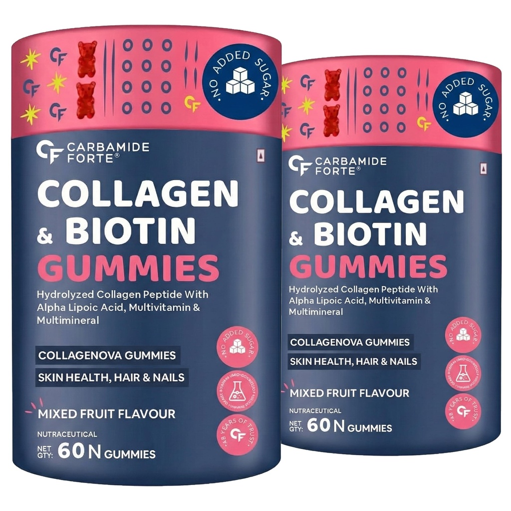 Carbamide Forte Collagen & Biotin Gummies| Collagen Supplements for Women & Men for Skin & Hair - Mixed Fruit Flavour - 60 Gummies (Pack of 2)