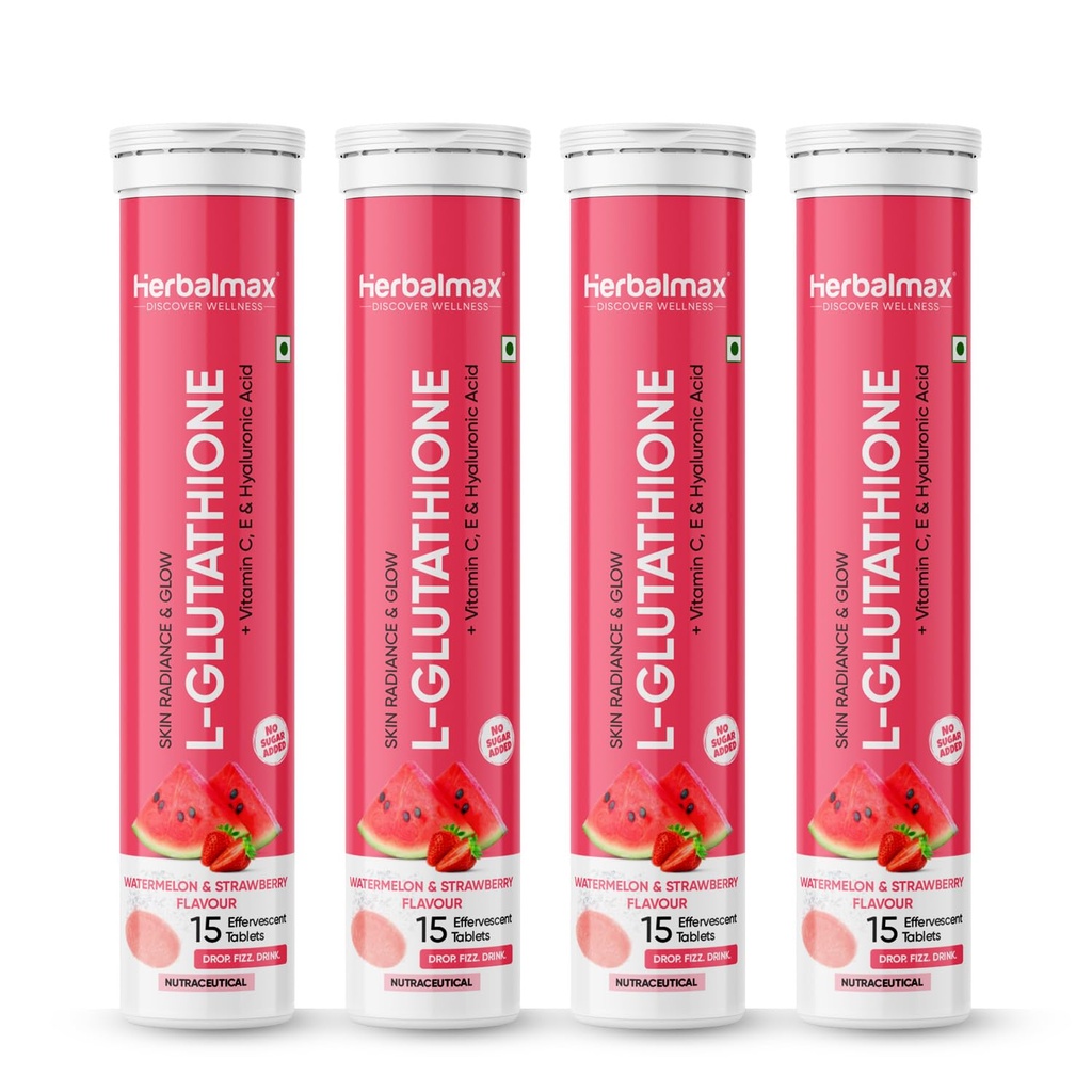 Herbal Max Glutathione Tablet | Effervescent 60 Tabs Pack of 4 | Glutathione Supplements with Vitamin C E, Biotin, Hyaluronic Acid | Skin Glow Hair Nail | Watermelon & Strawberry
