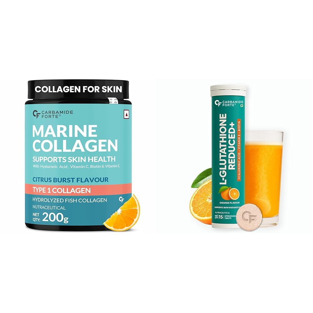 Carbamide Forte Marine Collagen Powder Supplements for Skin & Hair & Japanese Reduced L Glutathione Effervescent Tablet 600mg for Skin Health | 20 Serving 200g Powder + 15 Effervescent Tablets