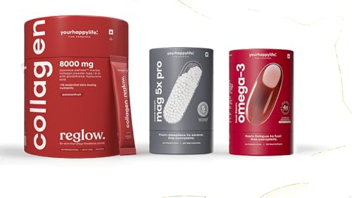 YourHappyLife Marine Collagen Reglow and Omega-3 and Magnesium 5X Pro Combo | Astaxanthin, Concentrated Triglyceride | Vitamin D3, K2 & Zinc for Sleep, Recovery, Brain, Heart, Joints & Stress Relief