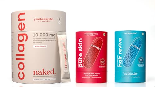 YourHappyLife Collagen Naked and Advanced L-Glutathione Glow-Up Skin Capsules and Hair Capsules Combo | 10,000mg Collagen + 80mg Vitamin C | Glutathione, Retinol, Keranat™,Biotin, Natural DHT Blockers