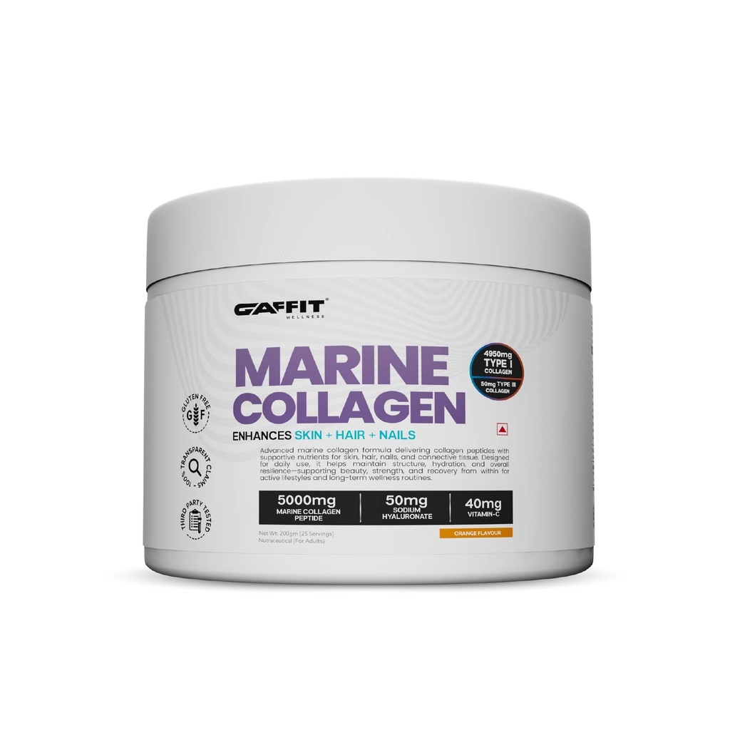 Marine Collagen Powder For Glowing Skin for Women & Men | 5000 mg Collagen Peptides | Hyaluronic Acid + Vitamin C + Biotin | Supports Skin Elasticity, Hair Growth & Nail Strength | 25 Serving, 200g | Orange Flavour