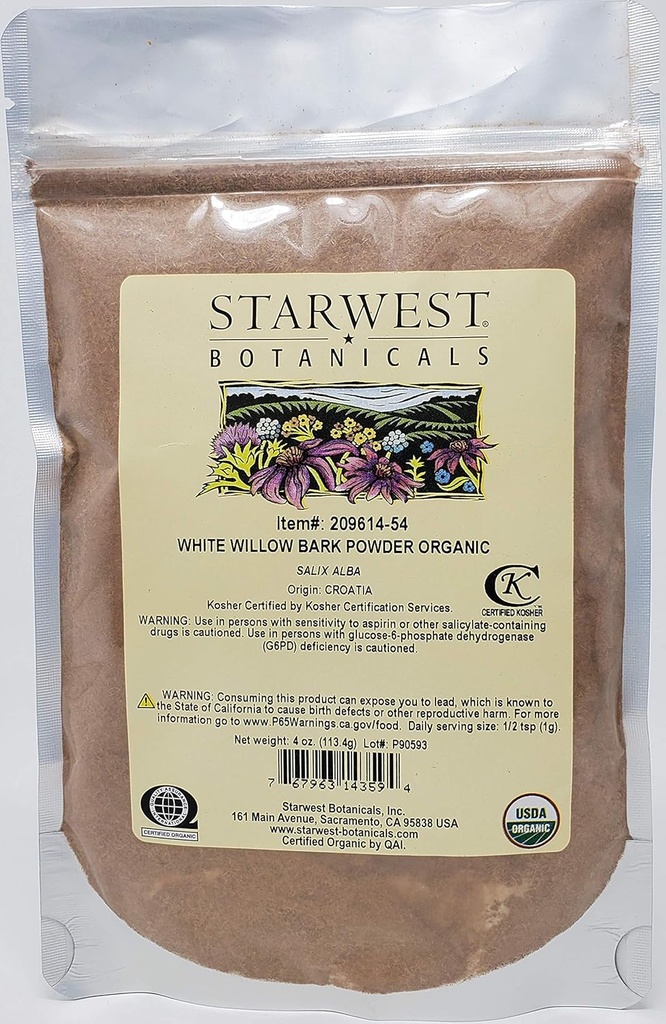 Starwest Botanical Organic White Willow Bark Powder, 4 Ounces
