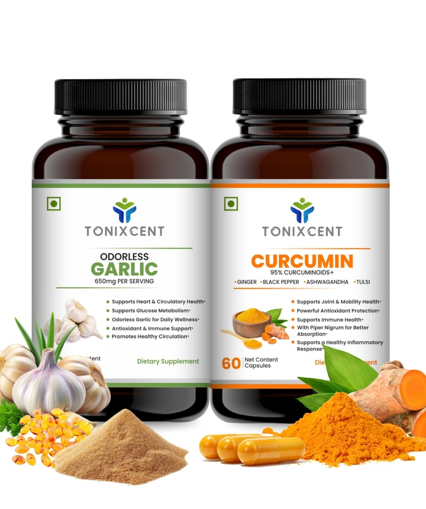 Anti-Inflammation Blend | Curcumin & Garlic Capsules | Supports Heart Health, Inflammation & Immunity | 60+60 Vegan Capsules