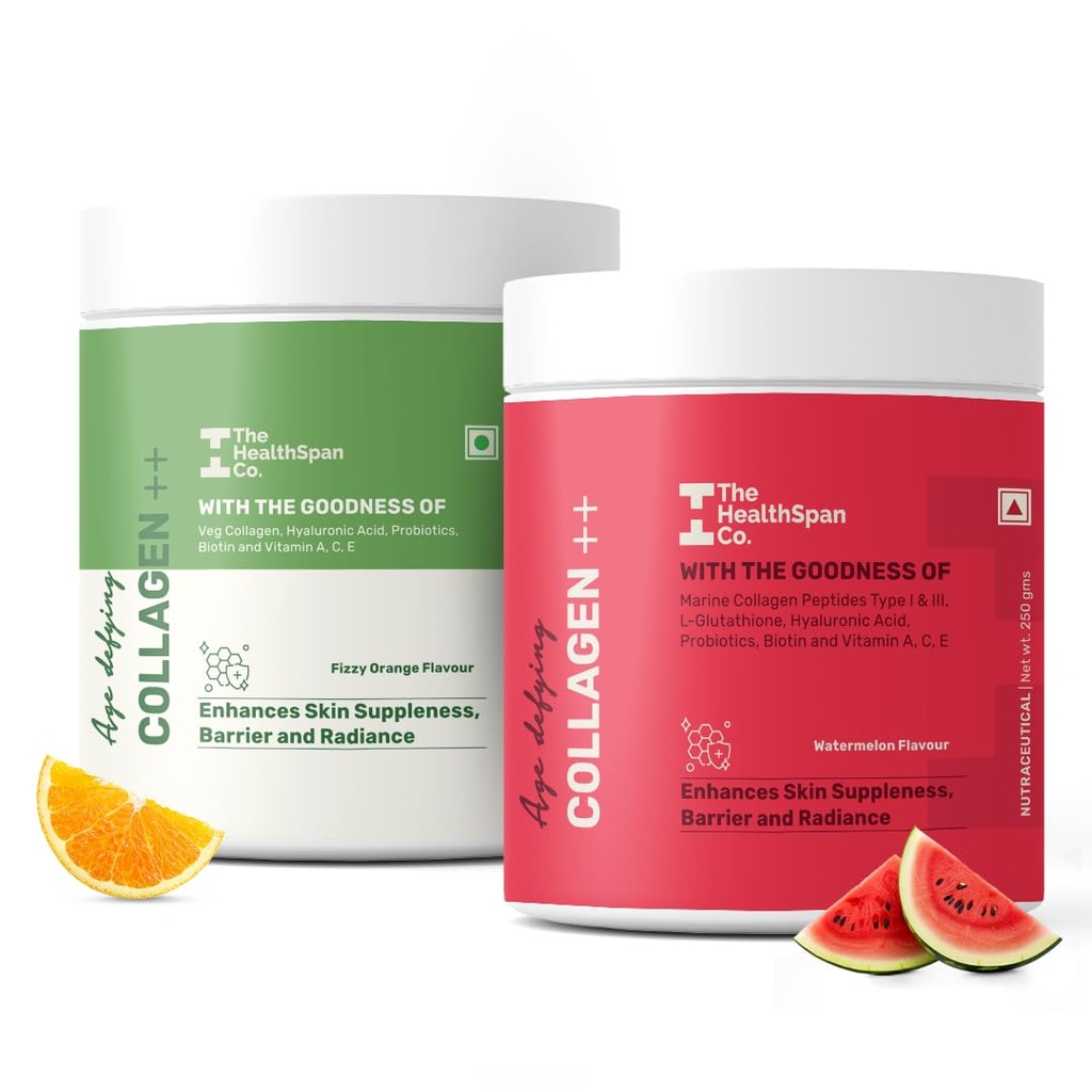 The Healthspan Co. Skin, Hair & Joint Health Combo | Marine Collagen Powder + Vegan Collagen Supplement | With Hyaluronic Acid, Glutathione, Biotin & Omega 3 | 25 Serves Each