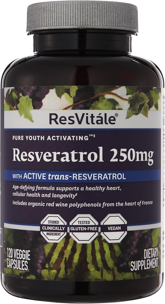ResVitale ρεσβερατρόλη 250 mg - συμπλήρωμα ρεσβερατρόλης για άνδρες και γυναίκες - 120 κάψουλες Veggie