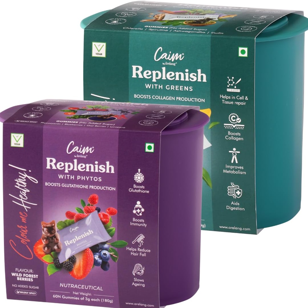 Collagen & Glutathione Gummies Combo - Replenish with Greens & Replenish with Phytos | Vegan Gummies| Boosts Collagen & Glutathione Naturally | Caim by årelang | 2x60 pcs | 2x180g | Only 5Kcals
