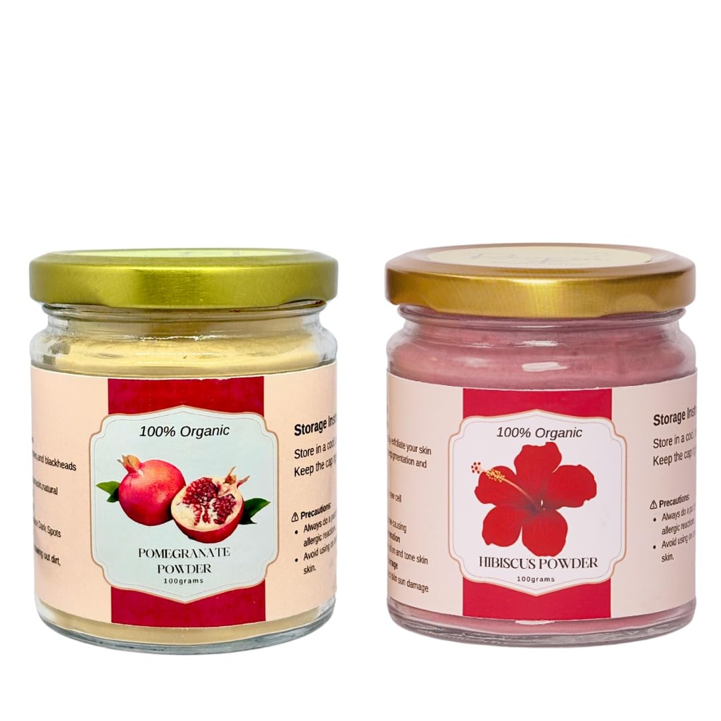 Organic Pomegrante Powder+Hibiscus Powder (COMBO)100g+100g(200g) | Glow & Anti-Aging Formula,Skin and Hair care