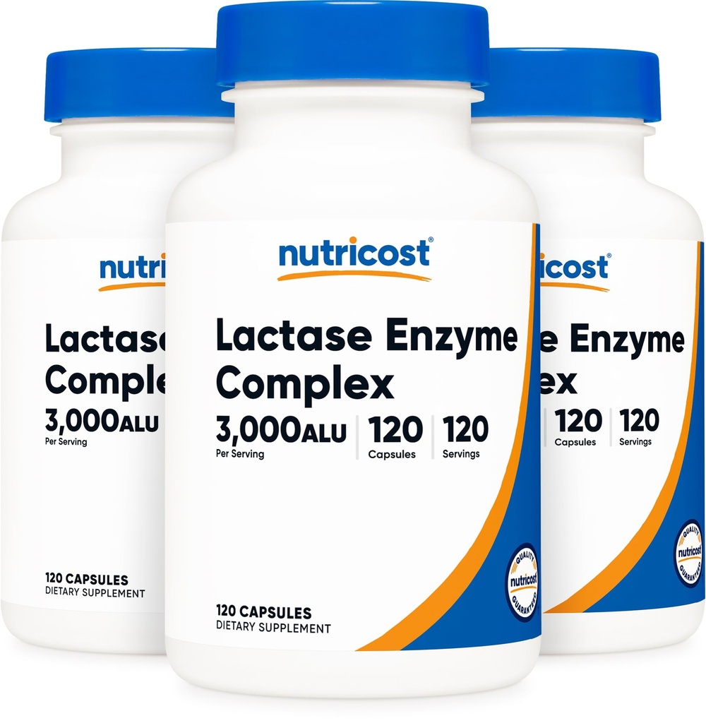 Nutricost Lactase Enzyme Complex 3,000 FCC ALU, 120 Veggie Capsules - Non-GMO, Gluten Free, 120 Servings (3 Bottles)