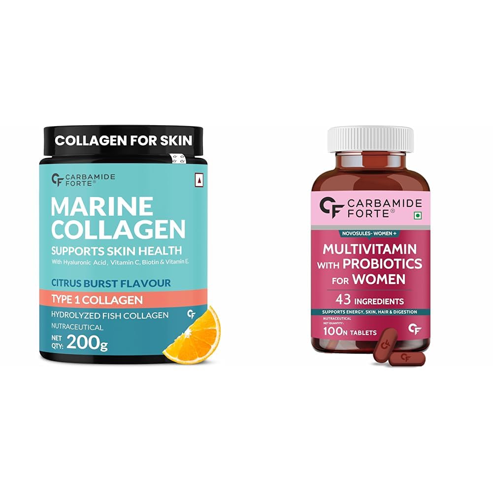 Carbamide Forte Marine Collagen Powder Supplements for Skin & Hair & Multivitamin Tablets for Women With 43 Ingredients | 20 Serving 200g Powder + 100 Tablets