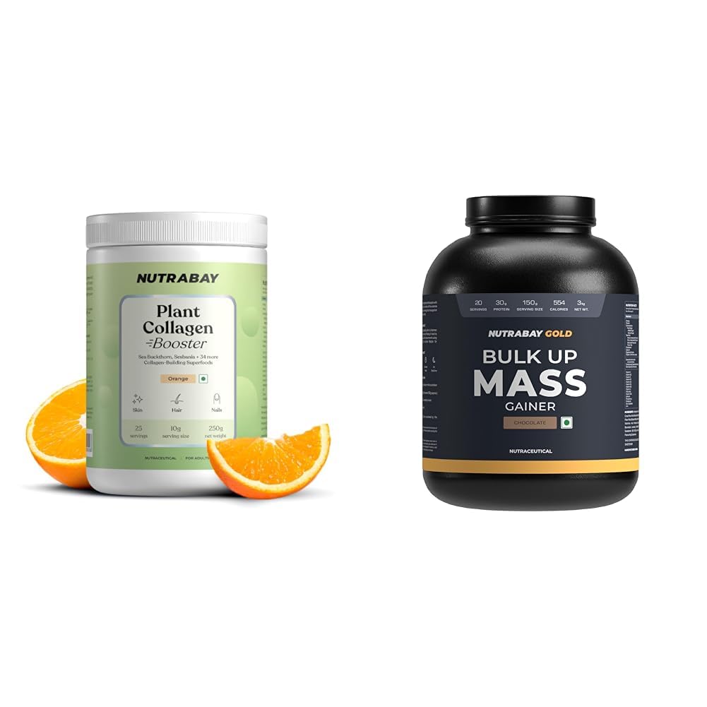 Nutrabay Collagen Booster Plant-Based Collagen Builder for Skin, Hair, Joints & Nails with Vitamin | Nutrabay Gold Bulk Up Mass Gainer Powder - 3kg, Chocolate | 30g Protein, 104g Carbs, 554 Calories
