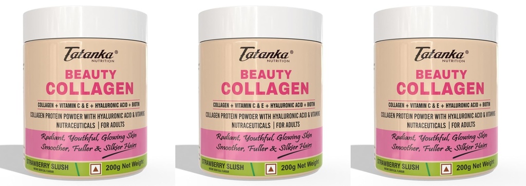 Beauty Collagen Powder For Men & Women | Hyaluronic Acid Vitamin C,E & Biotin | Supports Skin,Hairs,Nails Health | Non vegeterian -200g (STRAWBERRY SLUSH) Pack of - 3