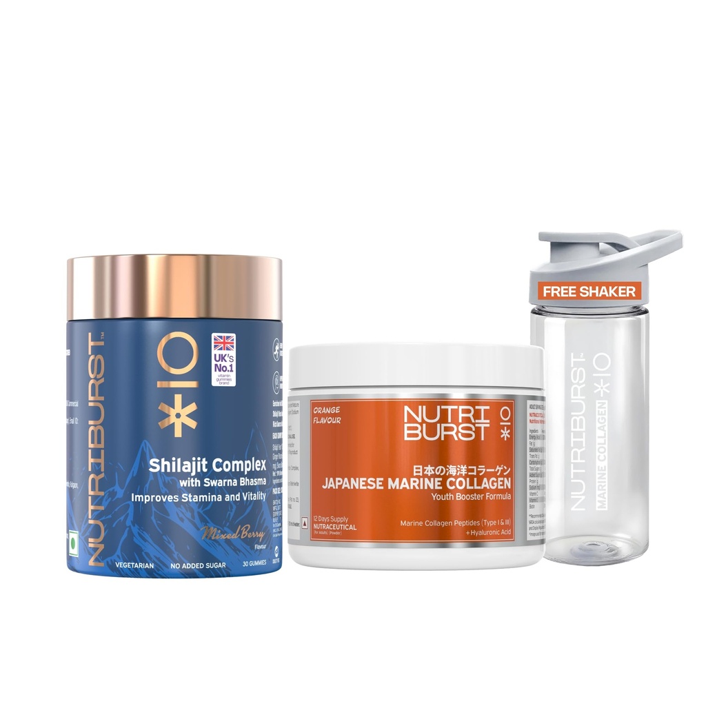 Nutriburst Japanese Marine Collagen Powder (Orange Flavor) + Shilajit Resin Gummies (Mixed Berry Flavor) Ayurvedic Blend | Combo for Men & Women