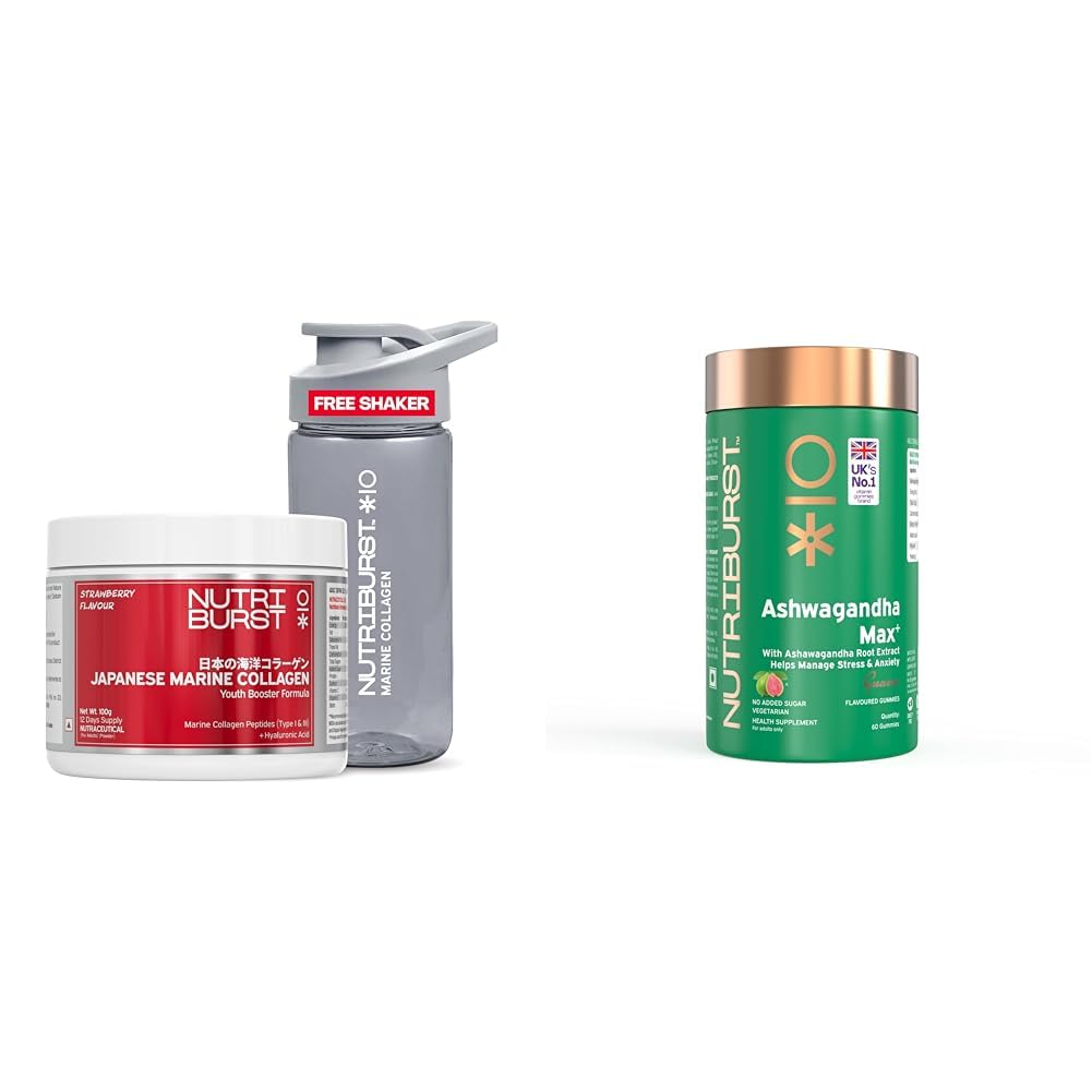 Nutriburst Japanese Marine Collagen Powder (Strawberry Flavor) + Ashwagandha Max Gummies (Guava Flavor) | No Added Sugar | For Men and Women | - (Pack of 2)