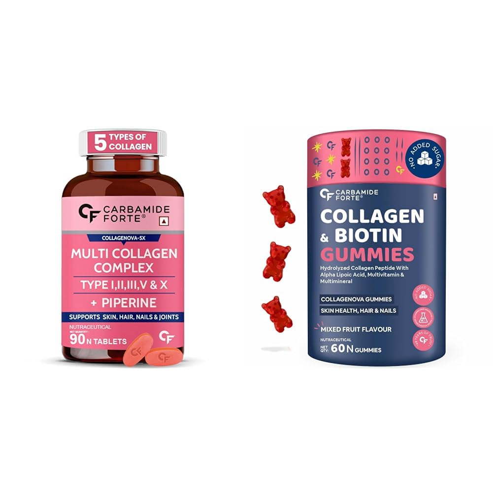 Carbamide Forte Collagen 20g & Collagen Supplements for Women & Men - Mixed Fruit Flavour - 60 Biotin Gummies