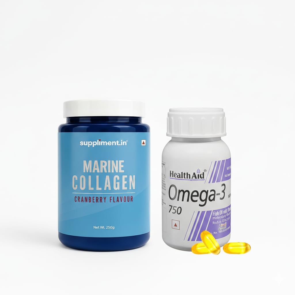 HealthAid Marine Collagen Powder (250g, Cranberry) & Omega-3 Fish Oil (750mg) – Advanced Skin Hydration, Heart Health, Joint Support & Glowing Hair – Mercury-Free & Sugar-Free Duo
