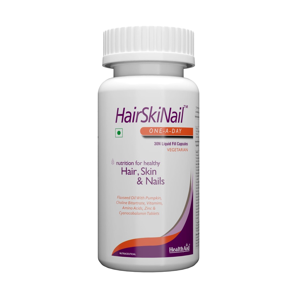 HealthAid HairSkiNail – 30 Veg Liquid Filled Capsules | With Biotin, Zinc & Collagen | Supports Healthy Hair, Glowing Skin & Strong Nails