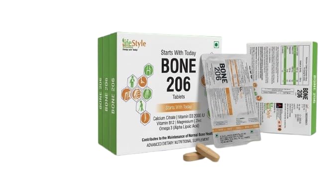 Bone 206 Tablets | Calcium Citrate, Vitamin D3, Vitamin B12, Magnesium, Zinc & Omega-3 (ALA) Nutritional Supplement | Vegetarian Formula | 30 Tablets (3 Strips x 10) (Pack of 3)