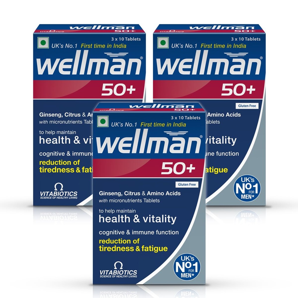 Wellman 50+ Multivitamin Tablets for Men Aged 50+ | Ginseng, Citrus & Amino Acids | Support Health & Vitality | Boost Cognitive & Immune Function | Reduce Tiredness & Fatigue | 30 Tablets (Pack of 3)