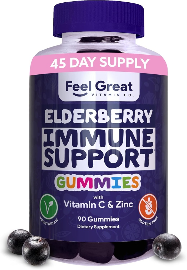 Feel Great Sambucus Elderberry Gummies con Zinc e vitamina C para adultos | Inmune Support Booster | Berry Flavored Vegan Supplement | 90 Day Supply