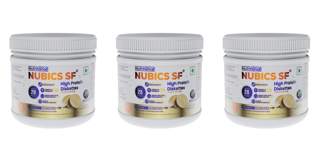 Nubics-SF High Protein Diskettes | 250g (50 Diskettes) | High Protein (34%), Whey Protein & Casein | PDCAAS-1 | No Added Sugar | With Prebiotic, Vitamins & Minerals | Vanilla Flavour | 100% Veg,3 Pack