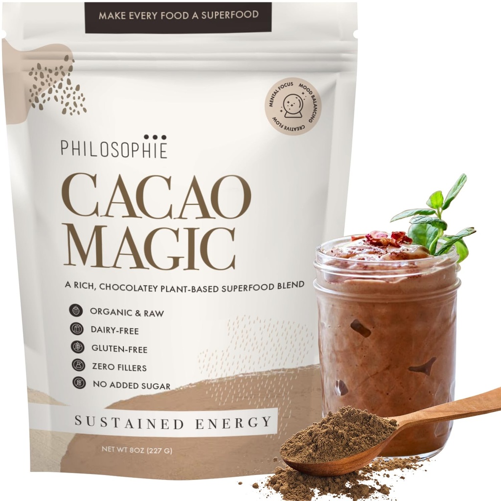 Filosofia Organic Cacao Magic Superfood Blend – Polvere proteica a base vegetale con Cacao crudo, Reishi Mushroom & Maca Root – Integratore di Cioccolato Vegano non zuccherato, 32 Serve